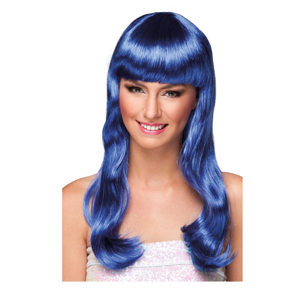 Perücke Damen Langhaar glatt mit Pony, Party Chique, blau - mit Haarnetz Bild 2