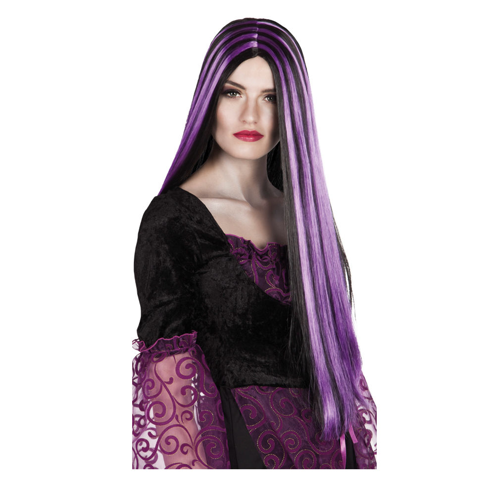 Perücke Damen Hexe Mittelscheitel superlang de Luxe mit lila Strähne Iona, schwarz - mit Haarnetz Bild 2
