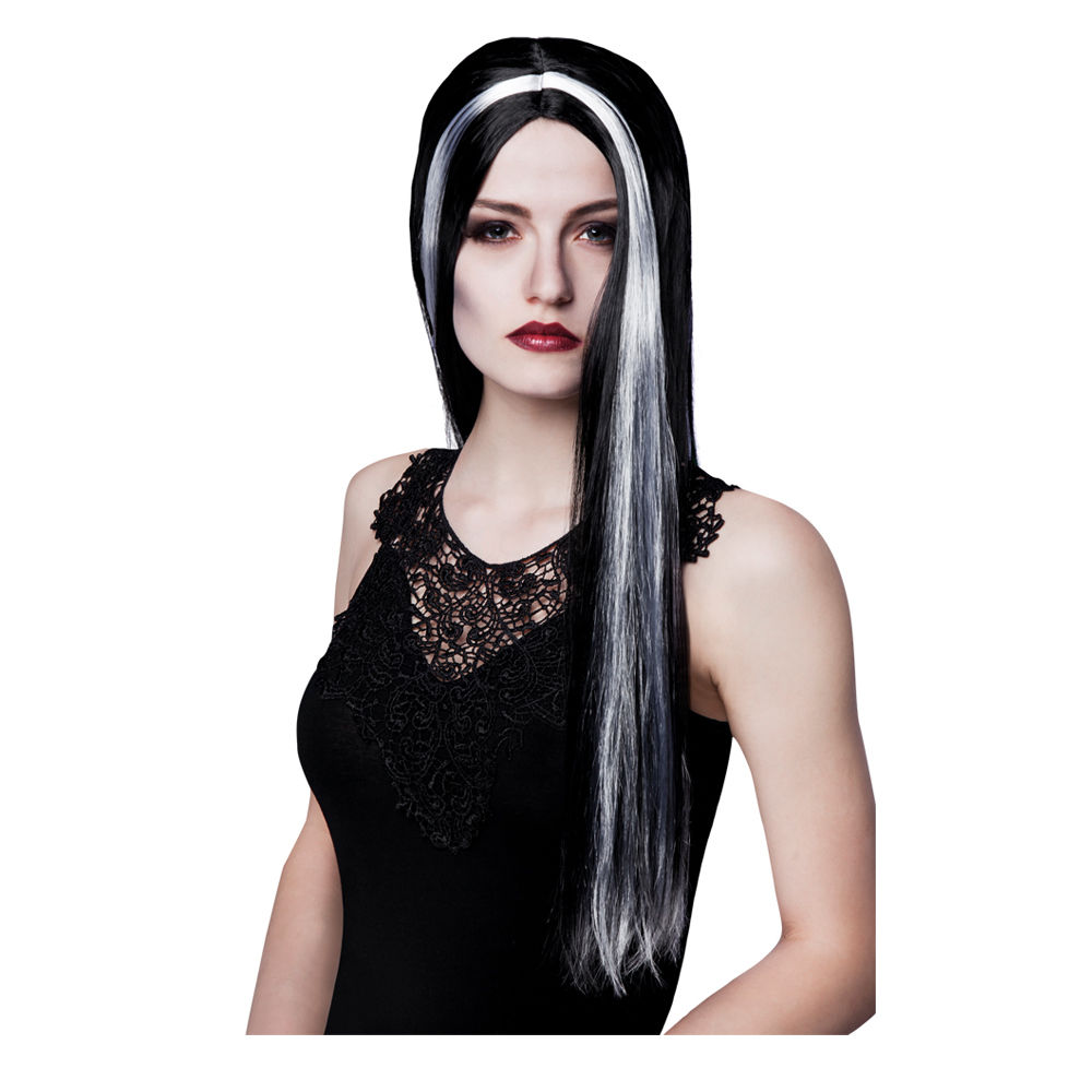 Perücke Damen Hexe Mittelscheitel superlang de Luxe mit weißer Strähne, schwarz