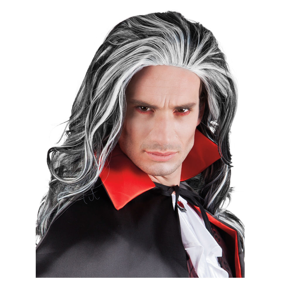 Perücke Herren Langhaar mit Mittelscheitel gesträhnt, Vampir-Zauberer Angry Louis, grau - mit Haarnetz Bild 2