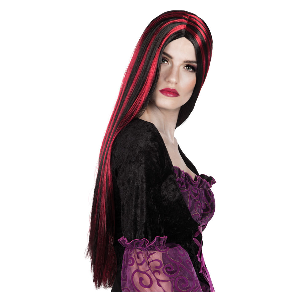 Perücke Damen Hexe Mittelscheitel superlang de Luxe mit roter Strähne Iona, schwarz - mit Haarnetz Bild 2
