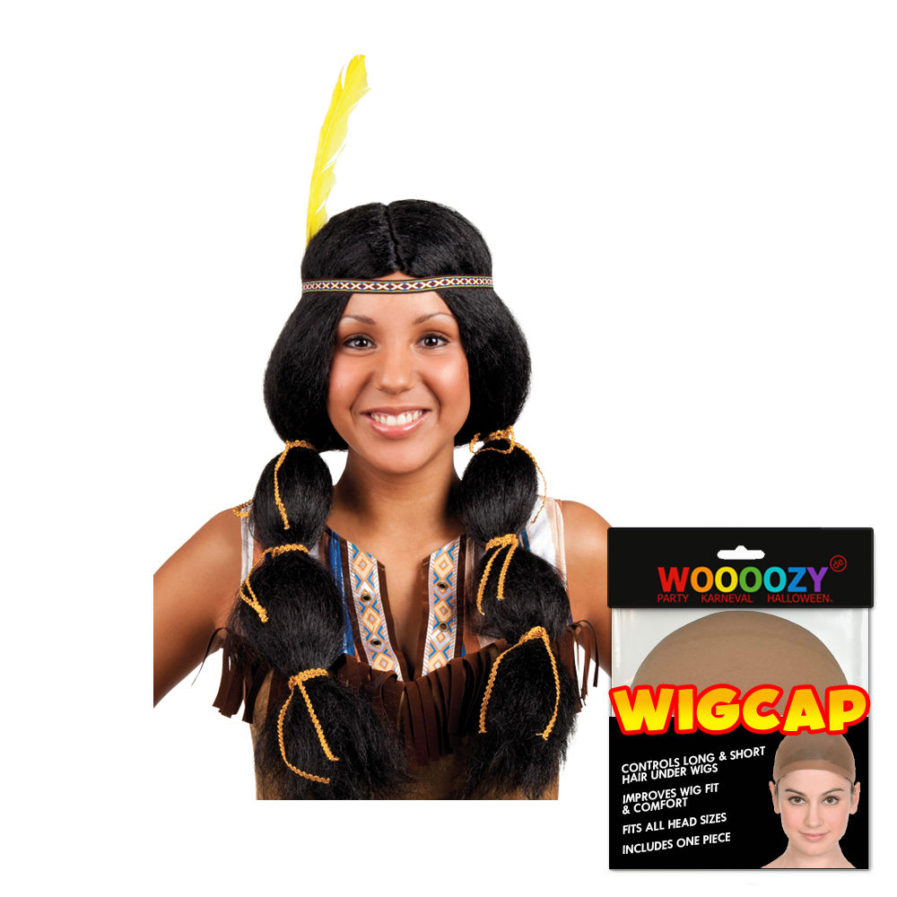 Perücke Damen Indianerin mit Stirnband und zwei Zöpfen, Wynona, schwarz - mit Haarnetz