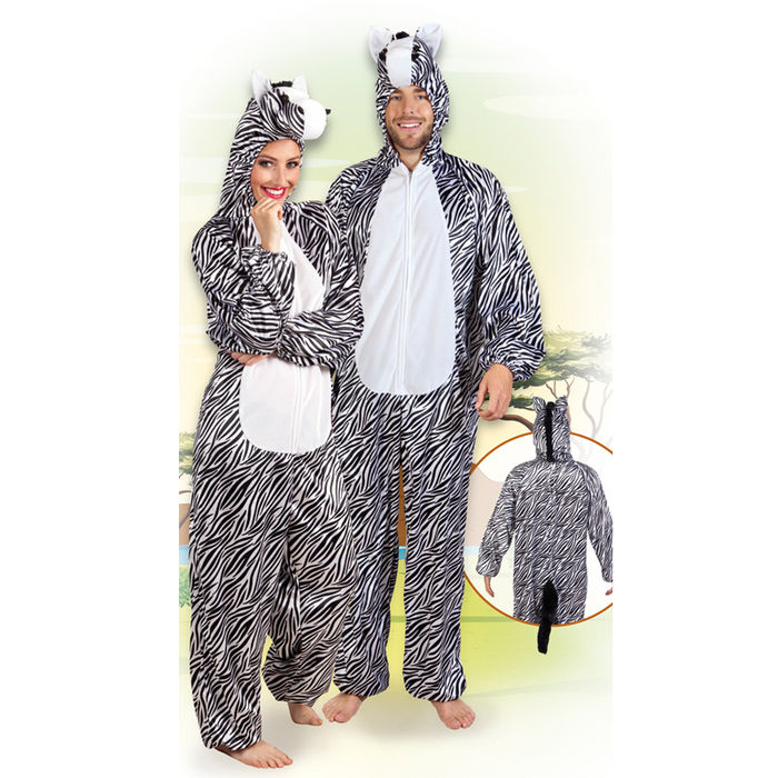 Damen- und Herren-Kostüm Overall Zebra, Gr. M-L bis 180cm Körpergröße - Plüschkostüm, Tierkostüm