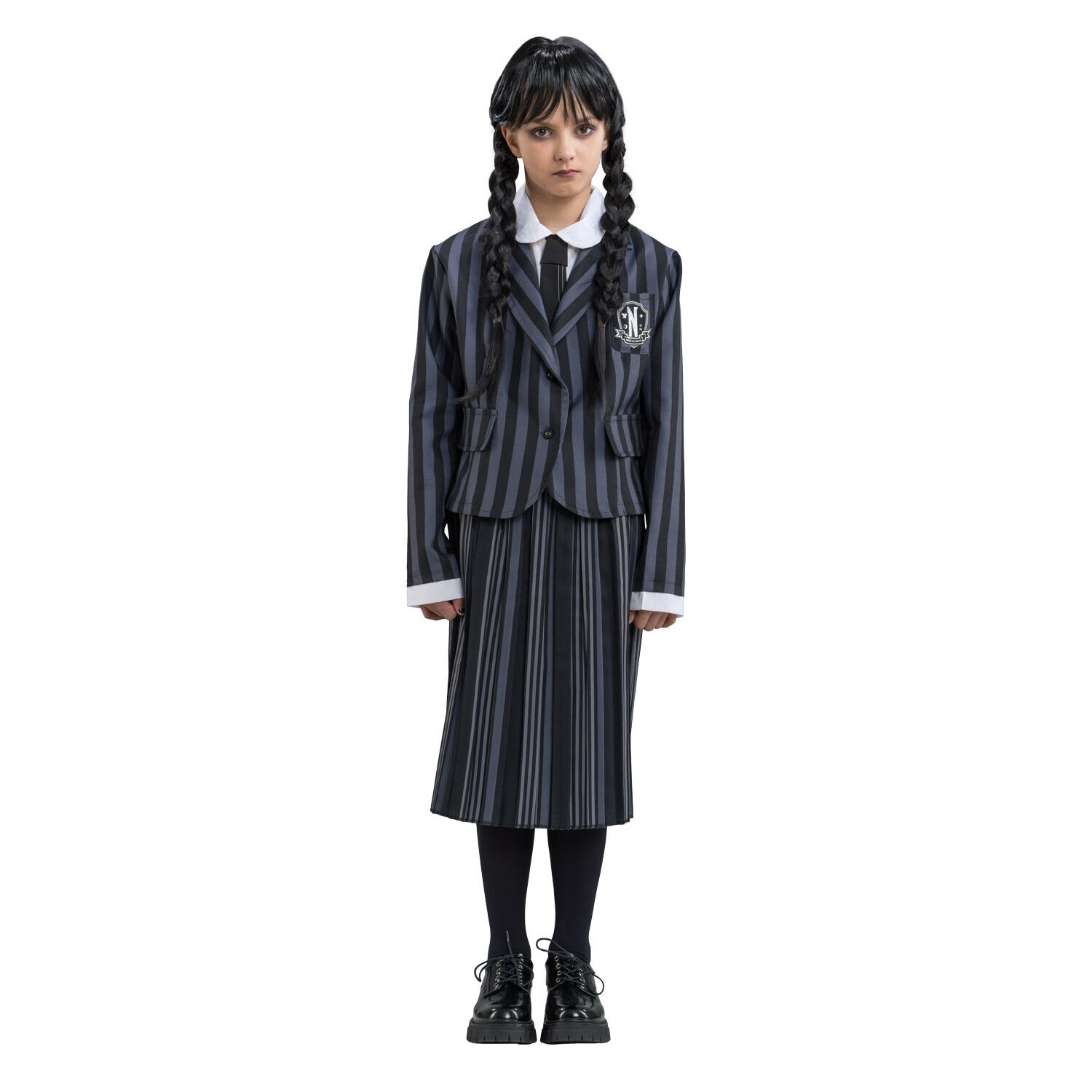 NEU Kinder-Kostm Wednesday Addams Schul-Uniform, schwarz-grau gestreift, 3-tlg., Gr. 140