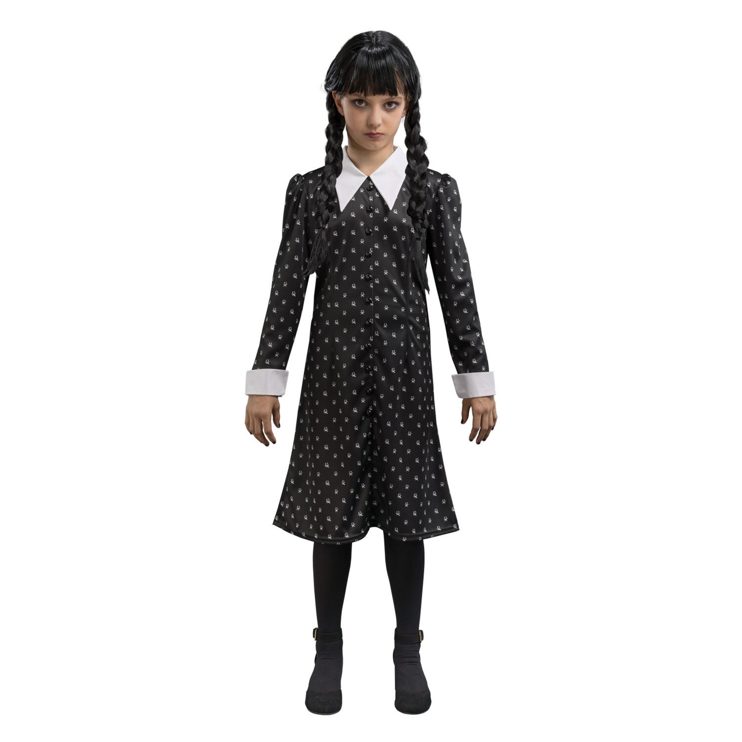 SALE Kinder-Kostm Wednesday Addams, schwarzes Kleid mit weien Motiven, Gr. 140