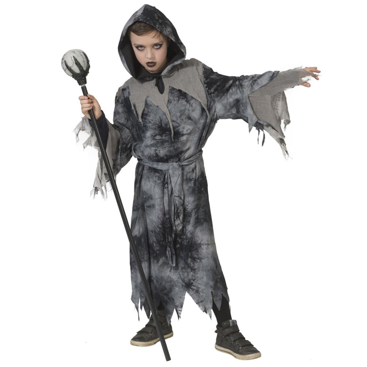NEU Kinder-Kostüm Grauer Dämon, Kapuzenmantel mit Gürtel, schwarz-grau, Gr. 104-116