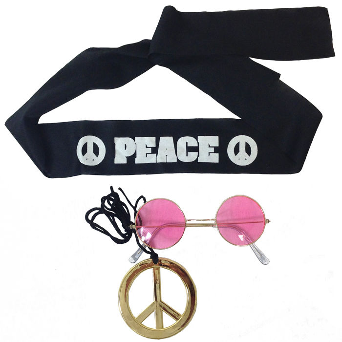 Hippie-Set, Brille, Stirnband, Peace-Zeichen