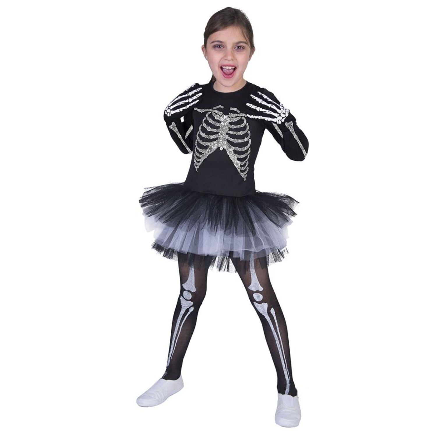 NEU Kinder-Kostüm Skelett-Kleid Suzy, mit Knochenaufdruck und Tüllrock, Gr. 128