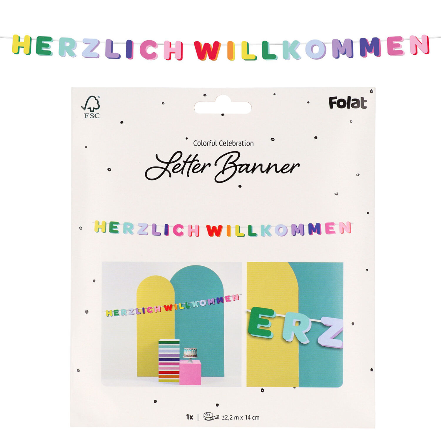 NEU Buchstabengirlande Herzlich Willkommen Stripetastic aus Papier, 220cm x 14cm