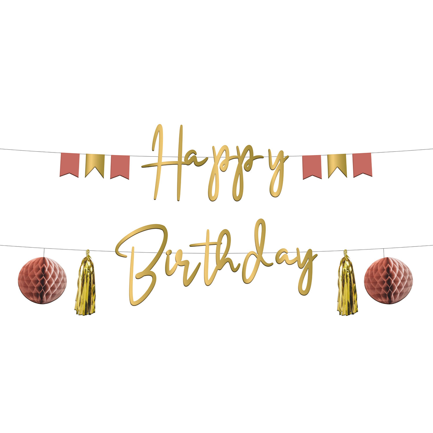 NEU Buchstabengirlande Happy Birthday Golden Dusk mit Quasten und Wabenbllen, 2 Ketten  150cm, gold