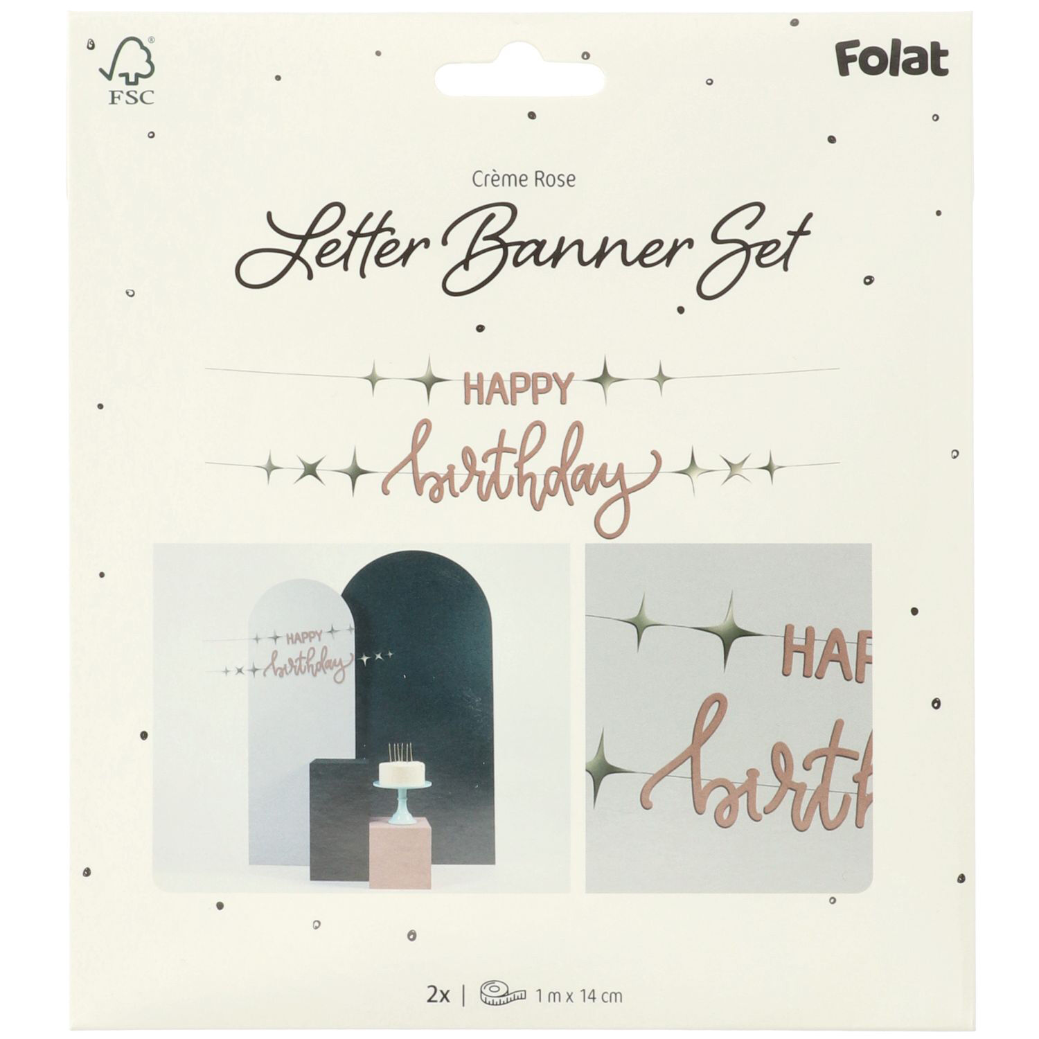 NEU Buchstabengirlande Happy Birthday Creme Ros, 2 Ketten  150cm x 14cm, ros, aus FSC-Papier Bild 2