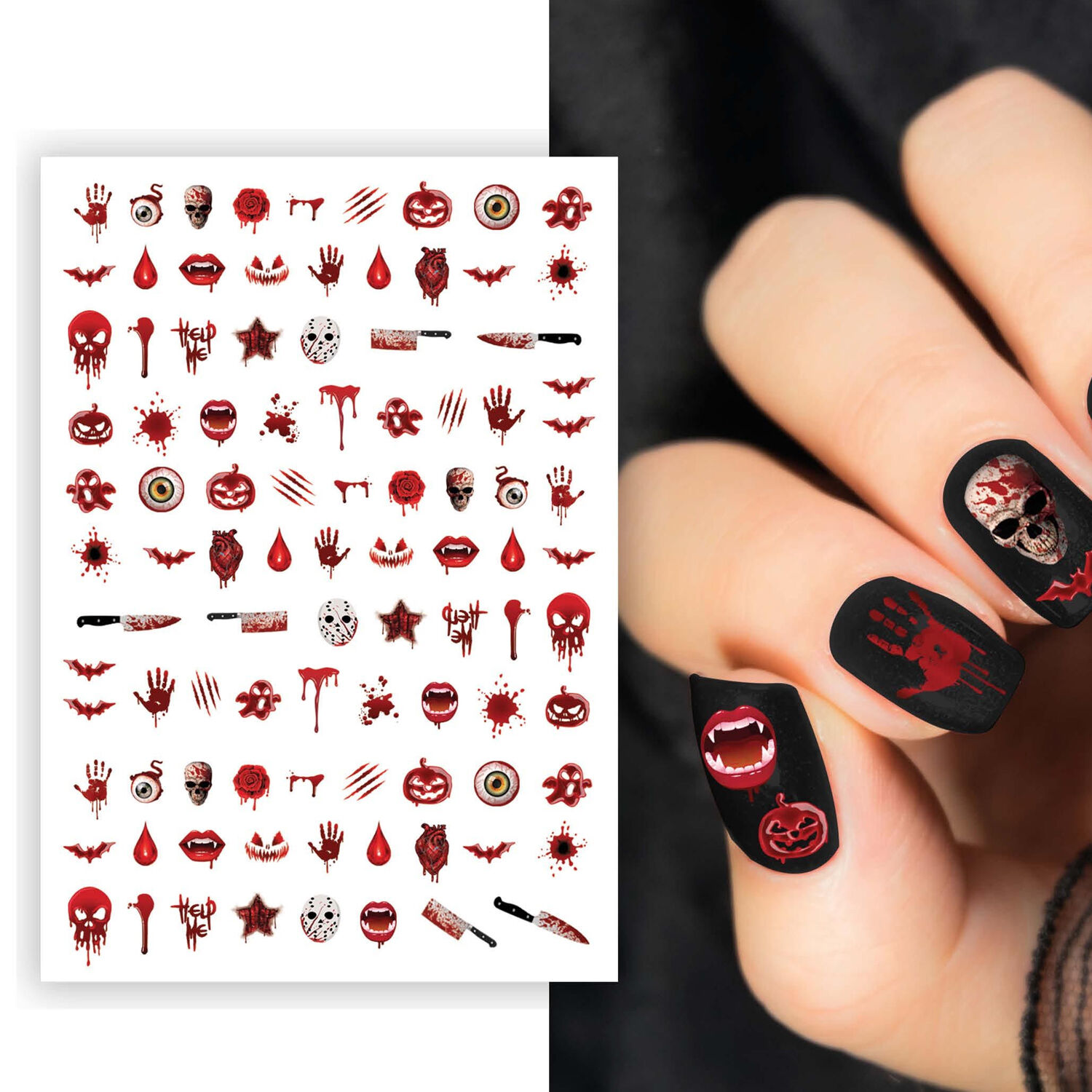 NEU Nagelsticker Halloween rot, unterschiedliche Formen, Karte mit 98 Stck