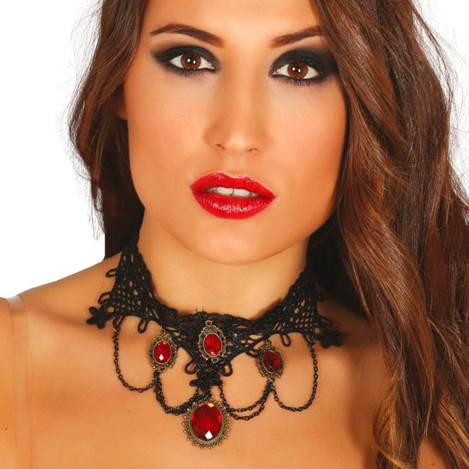 NEU Spitzen-Halsband mit Rubinen, schwarz