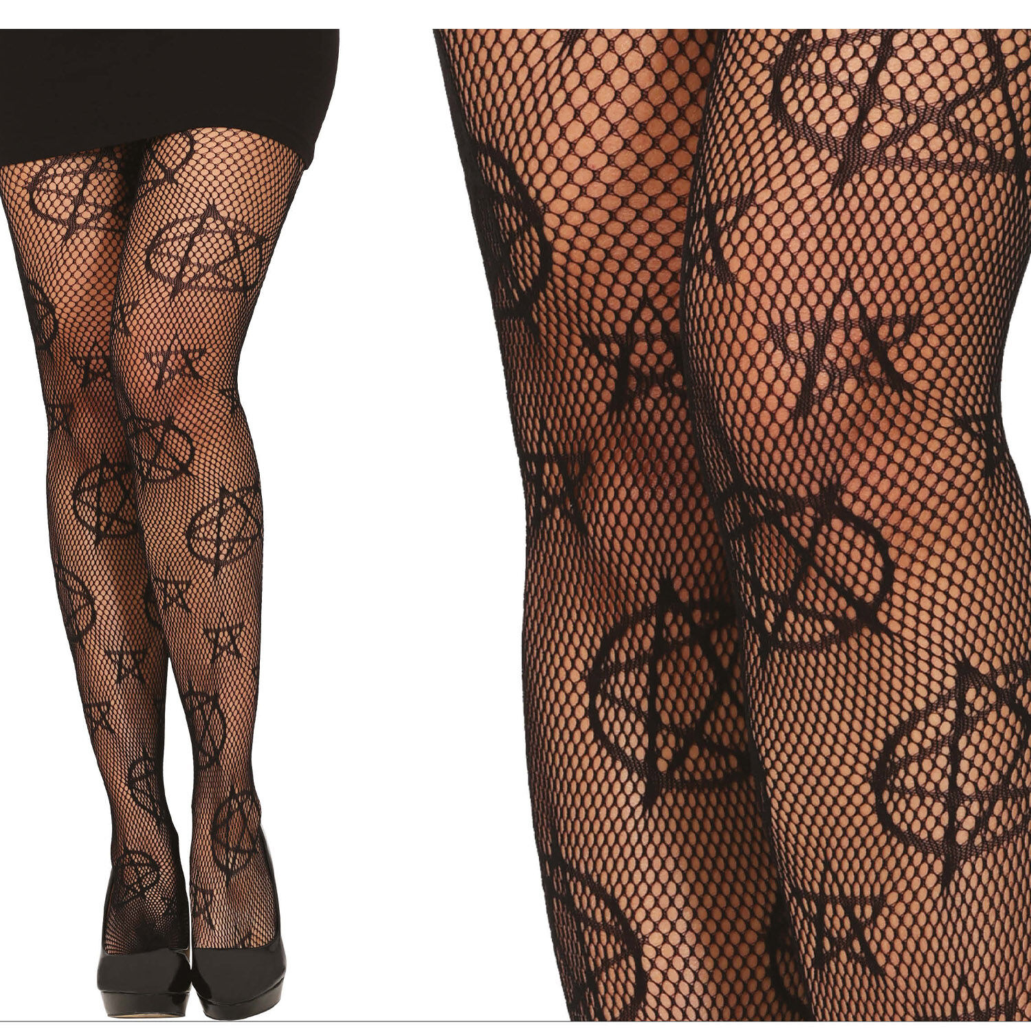 NEU Netz-Strumpfhose mit satanischen Motiven, Einheitsgre, schwarz