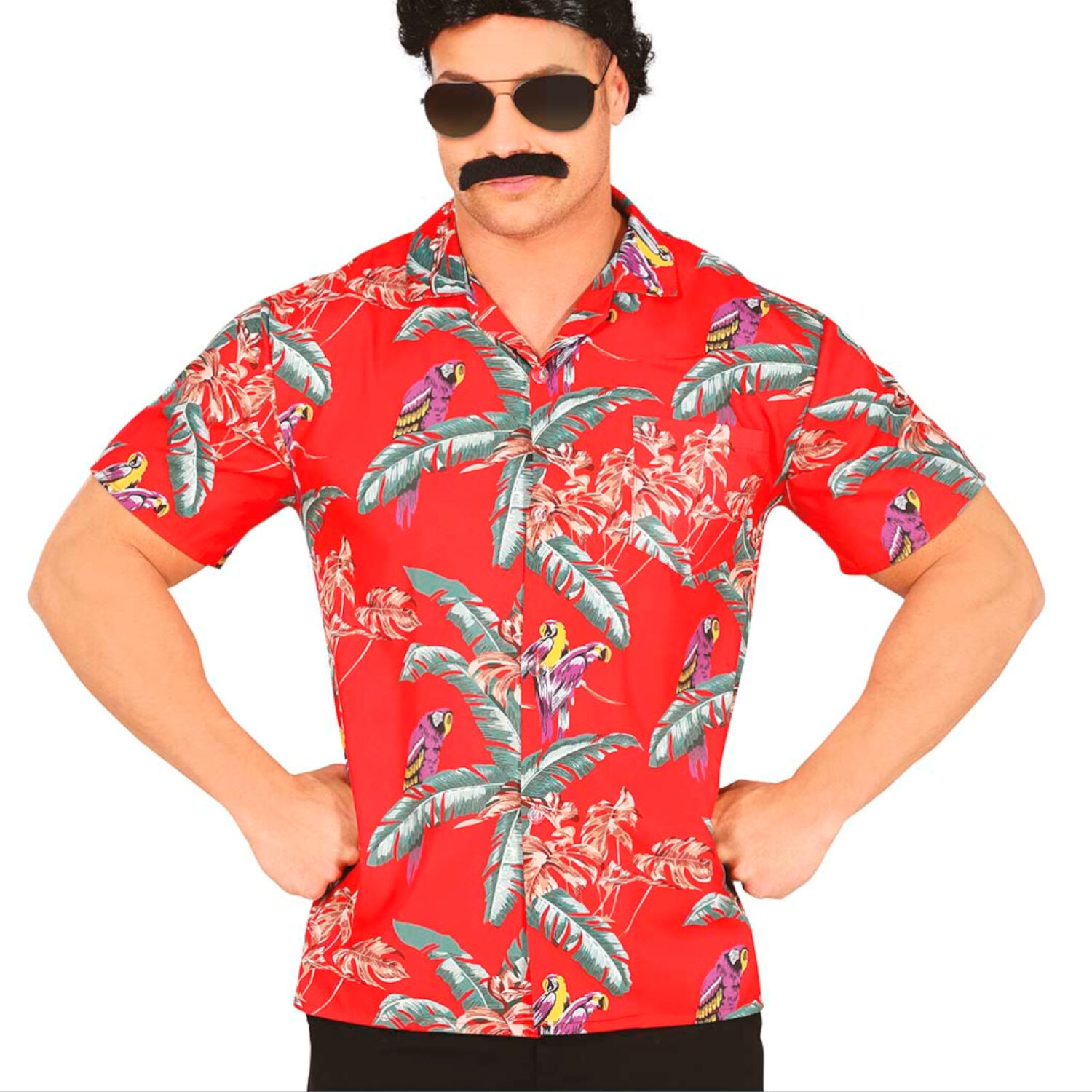 NEU Herren-Kostüm Hawaii-Hemd, rot mit Papageien, Gr. M