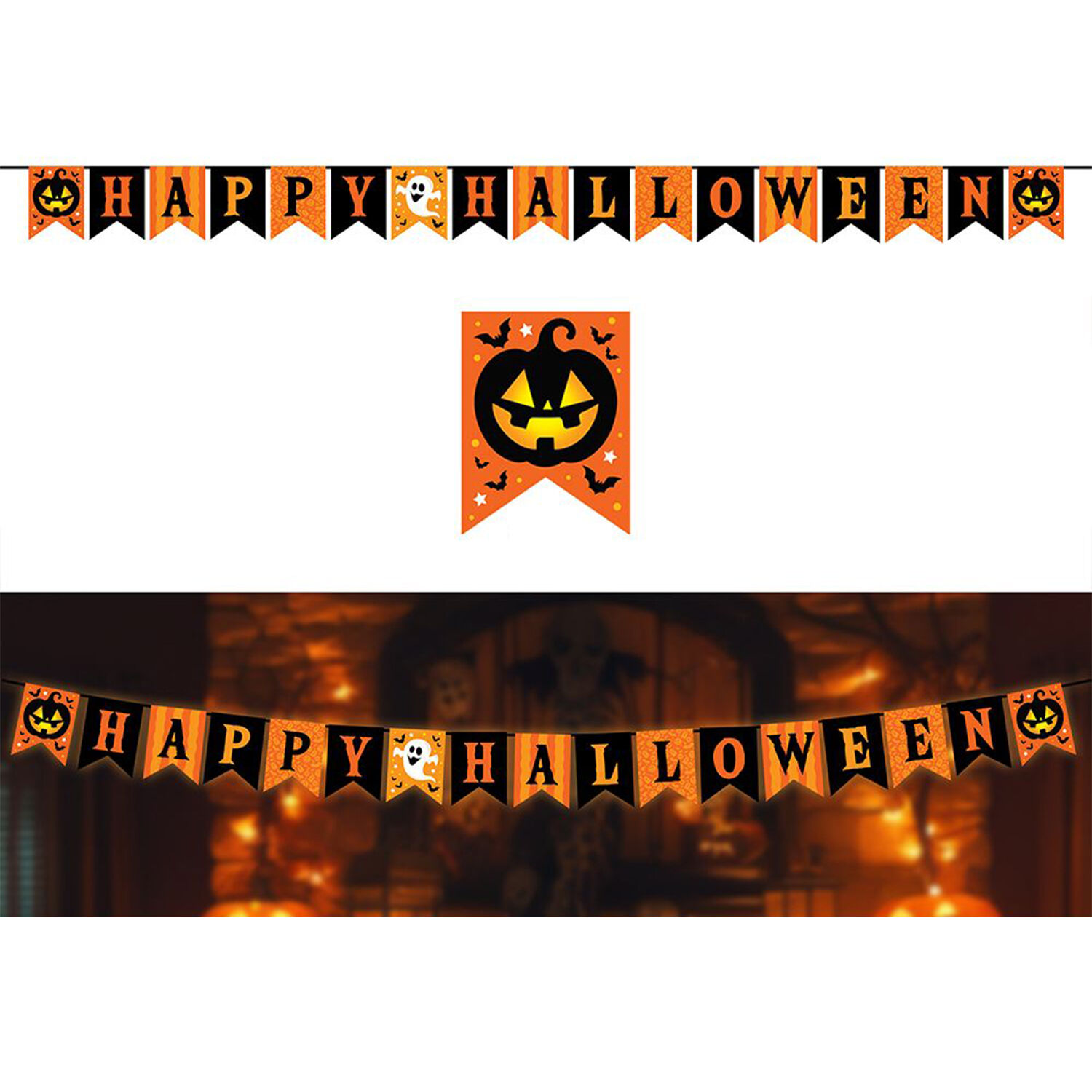 NEU Girlande Happy Halloween mit schwarzen und orangenen Wimpeln, 3m
