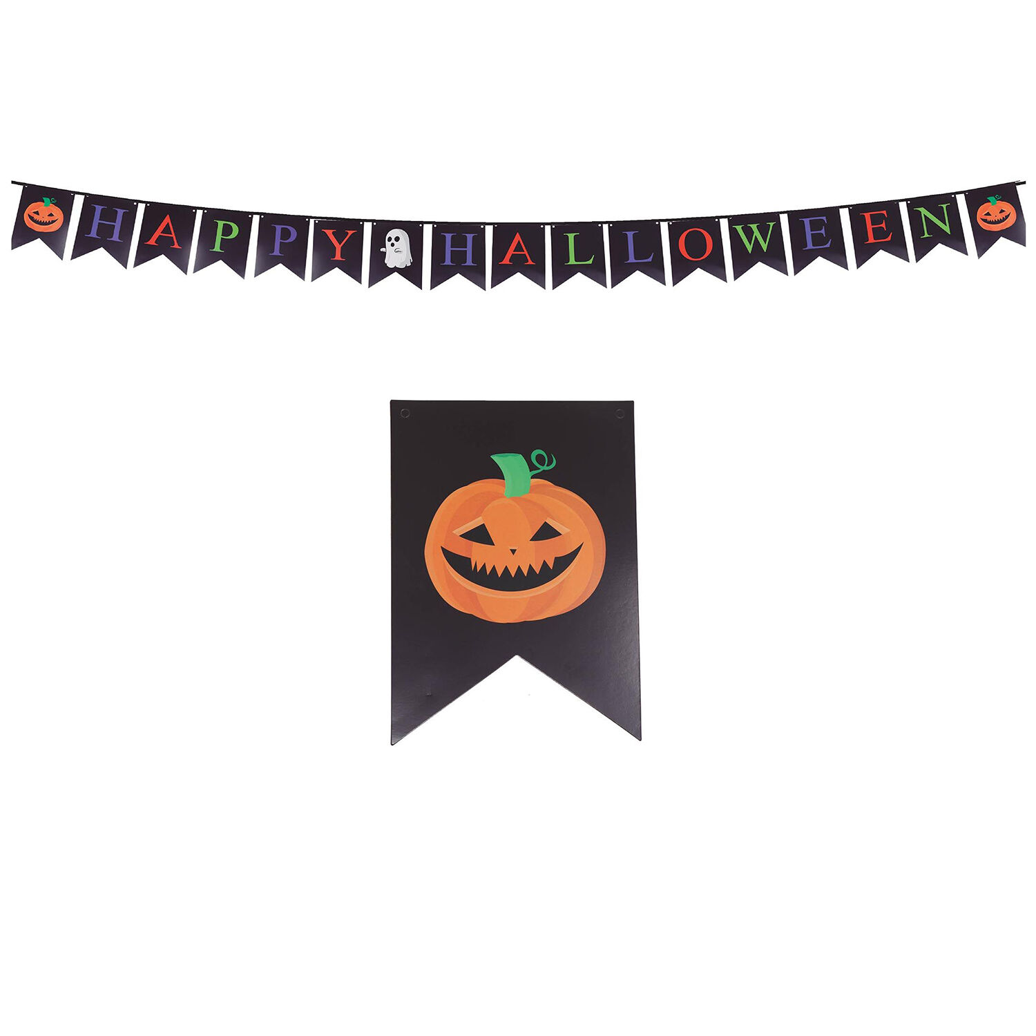 NEU Girlande Happy Halloween mit schwarzen Wimpeln und farbigem Schriftzug, 3m