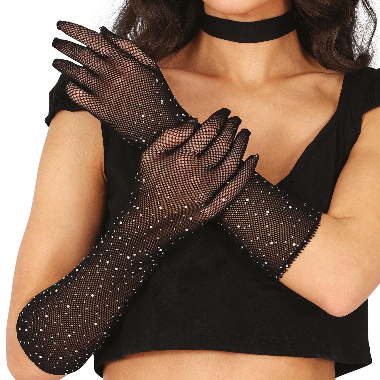 NEU Netzhandschuhe mit Strasssteinen, 30cm, schwarz