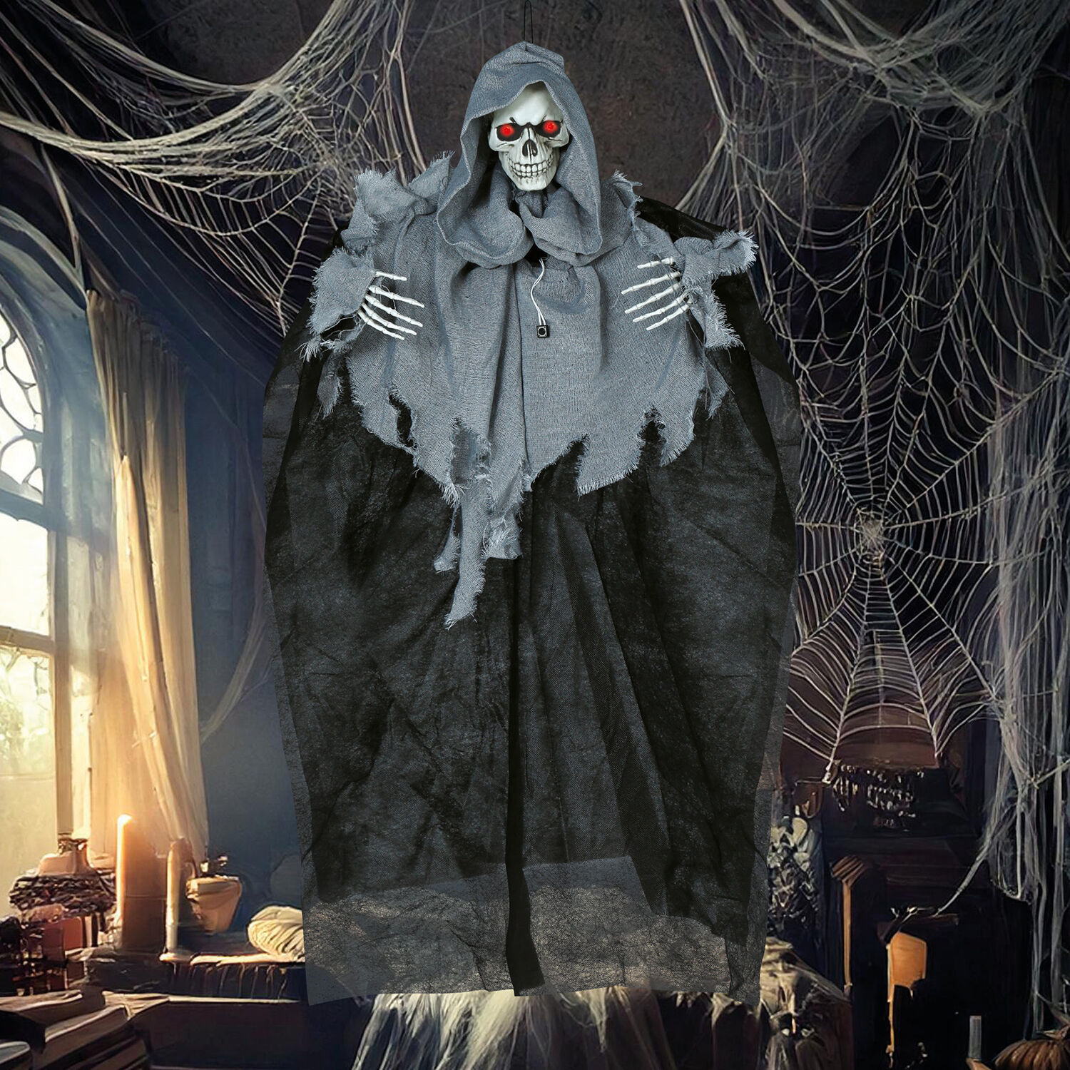NEU Halloween-Deko-Figur Fetzenskelett mit Licht-, Sound- und Bewegungseffekt, 90cm Bild 3