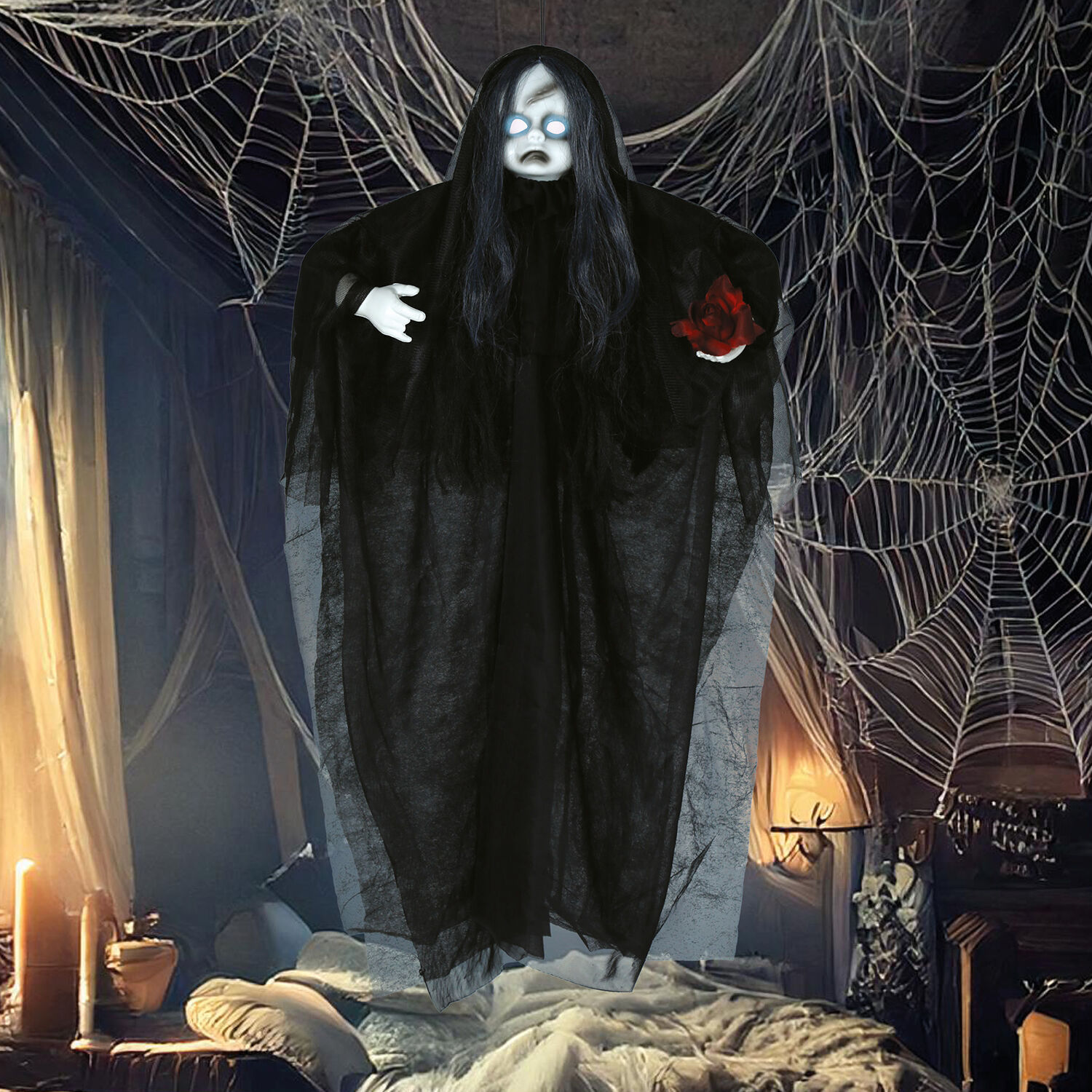 NEU Halloween-Deko Figur sprechende Puppe mit Licht- und Soundeffekten, 90cm Bild 2