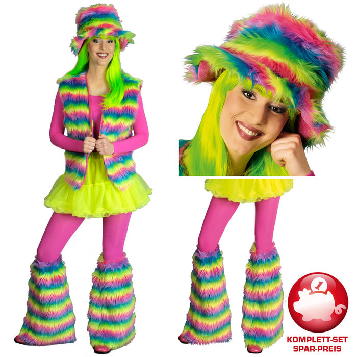 Kostüm-Komplett-Set Plüsch Hippie Rainbow, 3-tlg