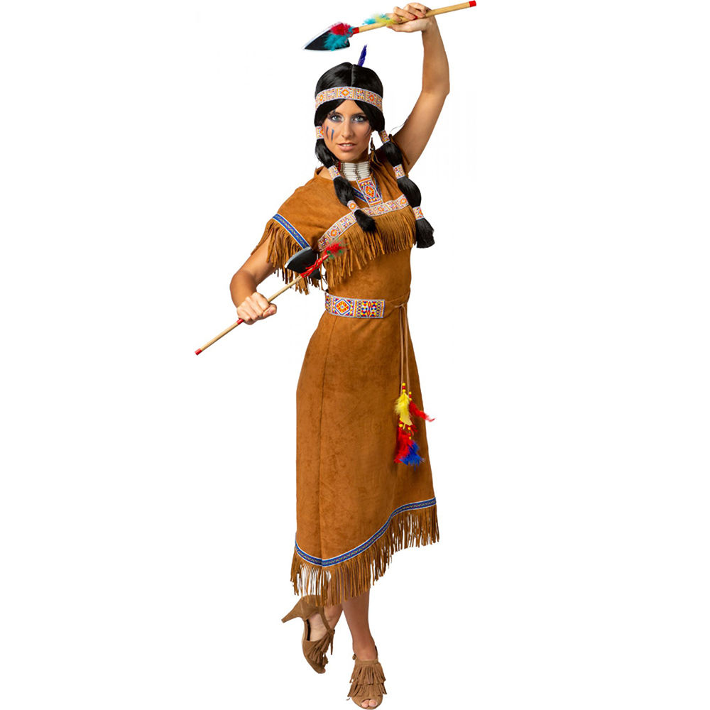 Damen-Kostüm Kleid Indianerin, elastisches Midi Kleid mit Fransen und Gürtel, Gr. 34-36