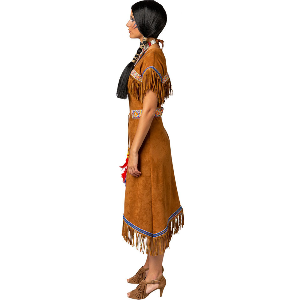 Damen-Kostüm Kleid Indianerin, elastisches Midi Kleid mit Fransen und Gürtel, Gr. 34-36 Bild 2
