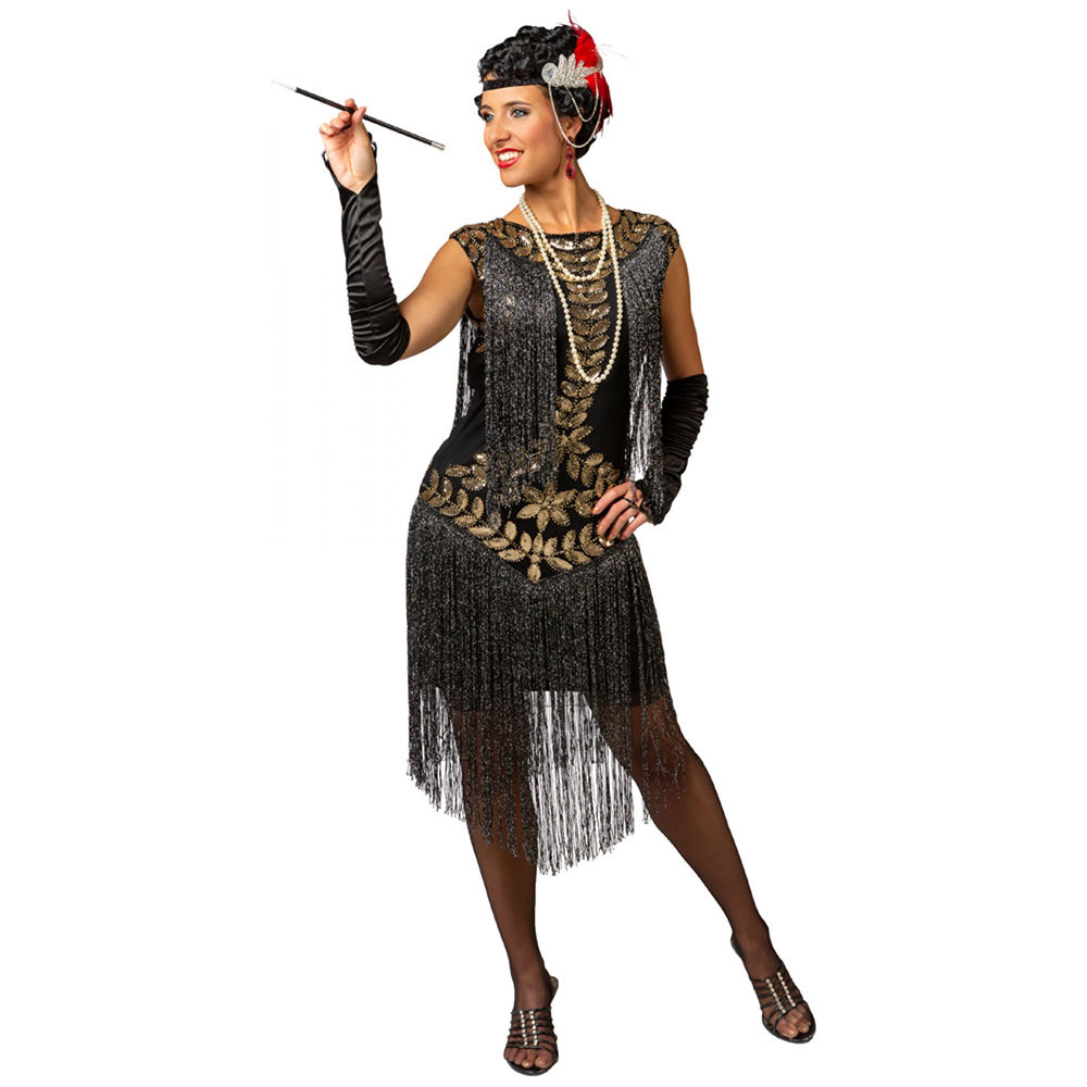20er Jahre Charleston Pailletten Kleid Creme/Gold Fransen Flapper Damen Kostüm 