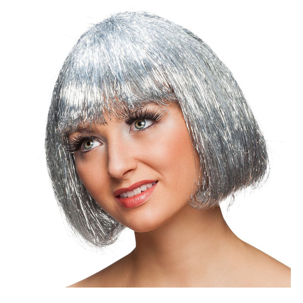 Percke Damen Lametta Flitter, Pagenkopf mit Pony glamour, Hollywood, silber - mit Haarnetz Bild 2