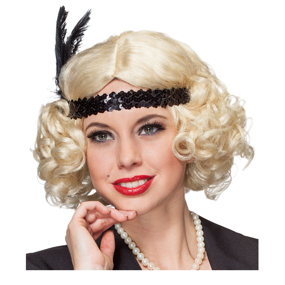 Percke Damen Kurzhaar Bob Pagenkopf mit Locken und Paillettenband, Charlston 20er, Flirty Flapper, blond - mit Haarnetz Bild 2