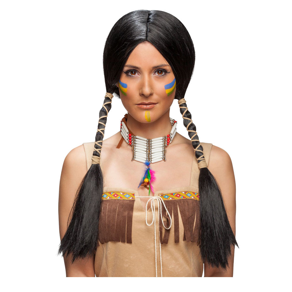 Perücke Damen Indianerin mit zwei gefochtenen Zöpfen, schwarz - Haarnetz Bild 2