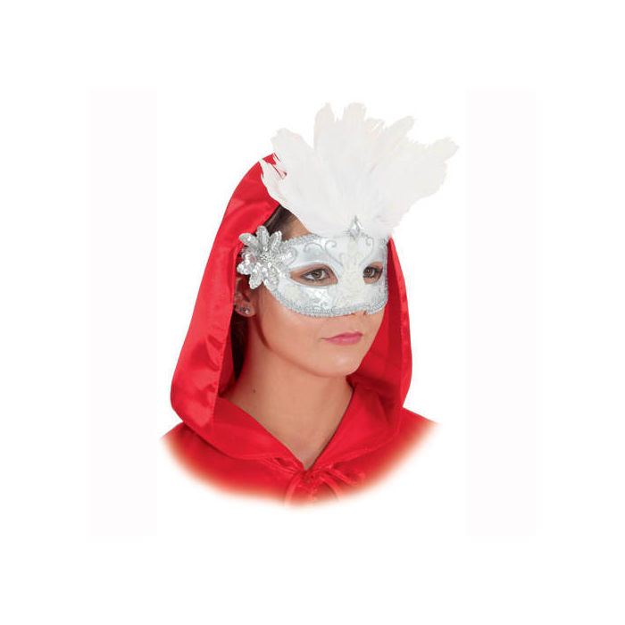 SALE Maske Venedig, weiß/silber mit weißer Feder