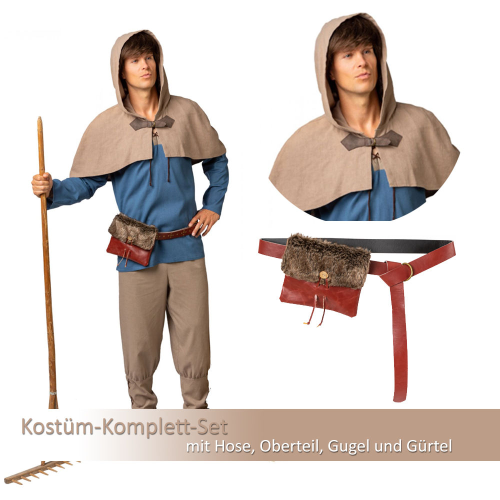 Herren-Kostüm-Set Mittelalter Knecht mit Gugel und Gürtel mit Felltasche Länge ca. 180cm Gr. 46-48