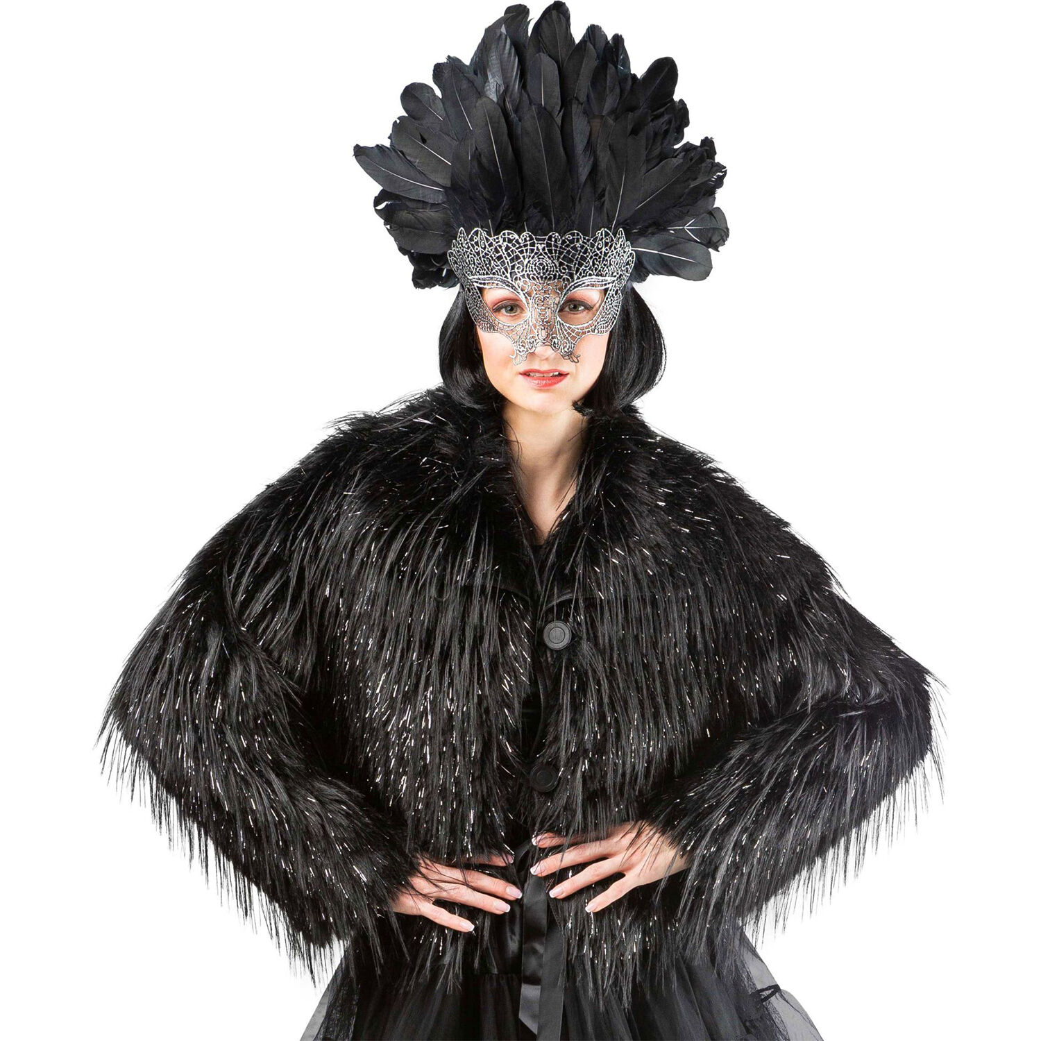 Damen-Kost�m Felljacke schwarz / Rabe, langer Flor mit silbernem Lurex, Gr. S-M