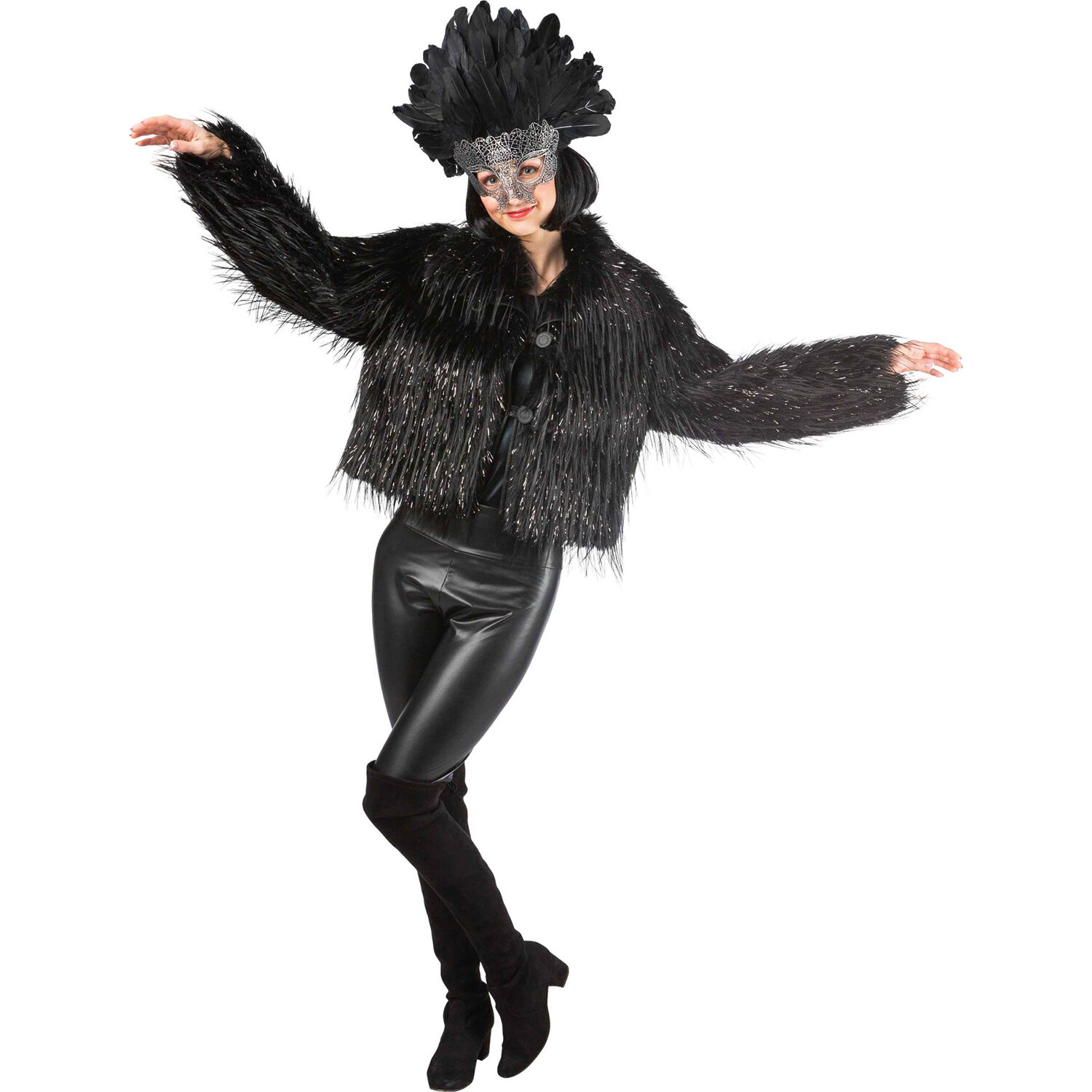 Damen-Kost�m Felljacke schwarz / Rabe, langer Flor mit silbernem Lurex, Gr. S-M Bild 2