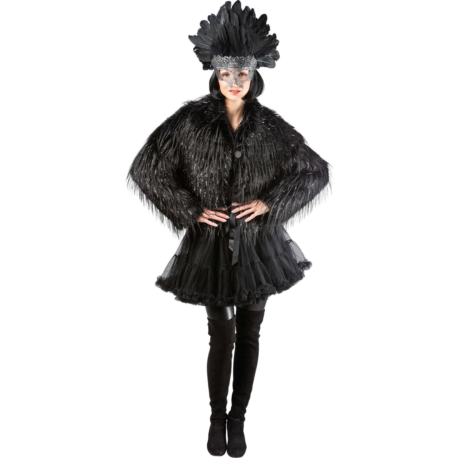 Damen-Kost�m Felljacke schwarz / Rabe, langer Flor mit silbernem Lurex, Gr. S-M Bild 3