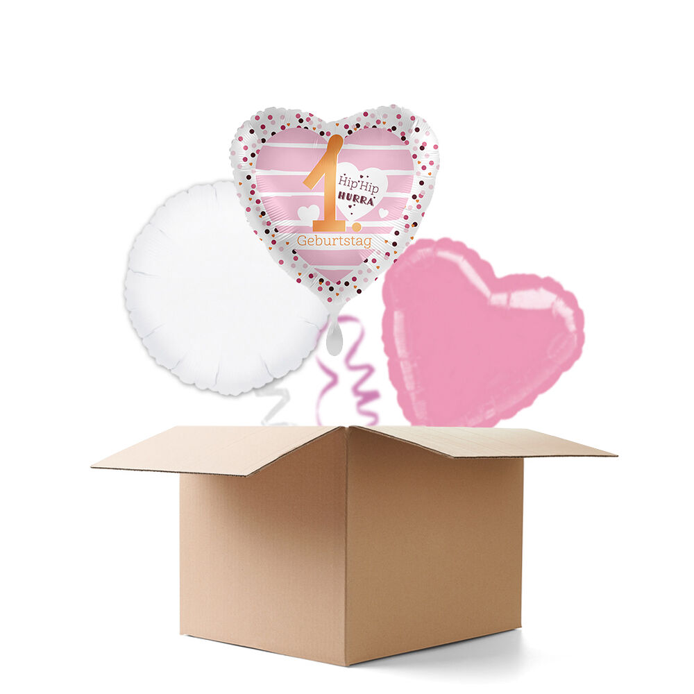 NEU Ballongre Pink Hearts Hip Hip Hurra 1. Geburtstag, 3 Ballons