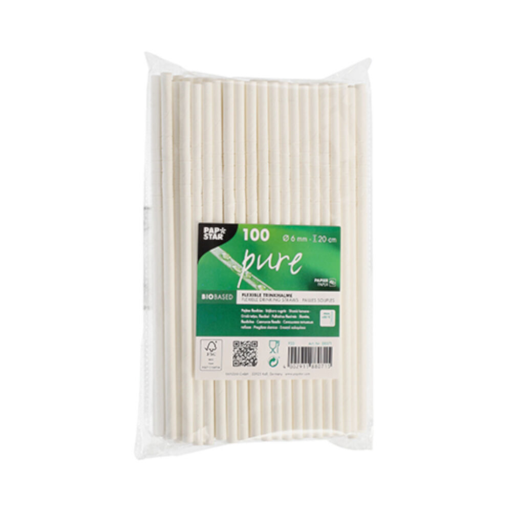 NEU Trinkhalme Pure aus Papier, flexibel,  6 mm, 20 cm, 100 Stck, Wei Bild 2