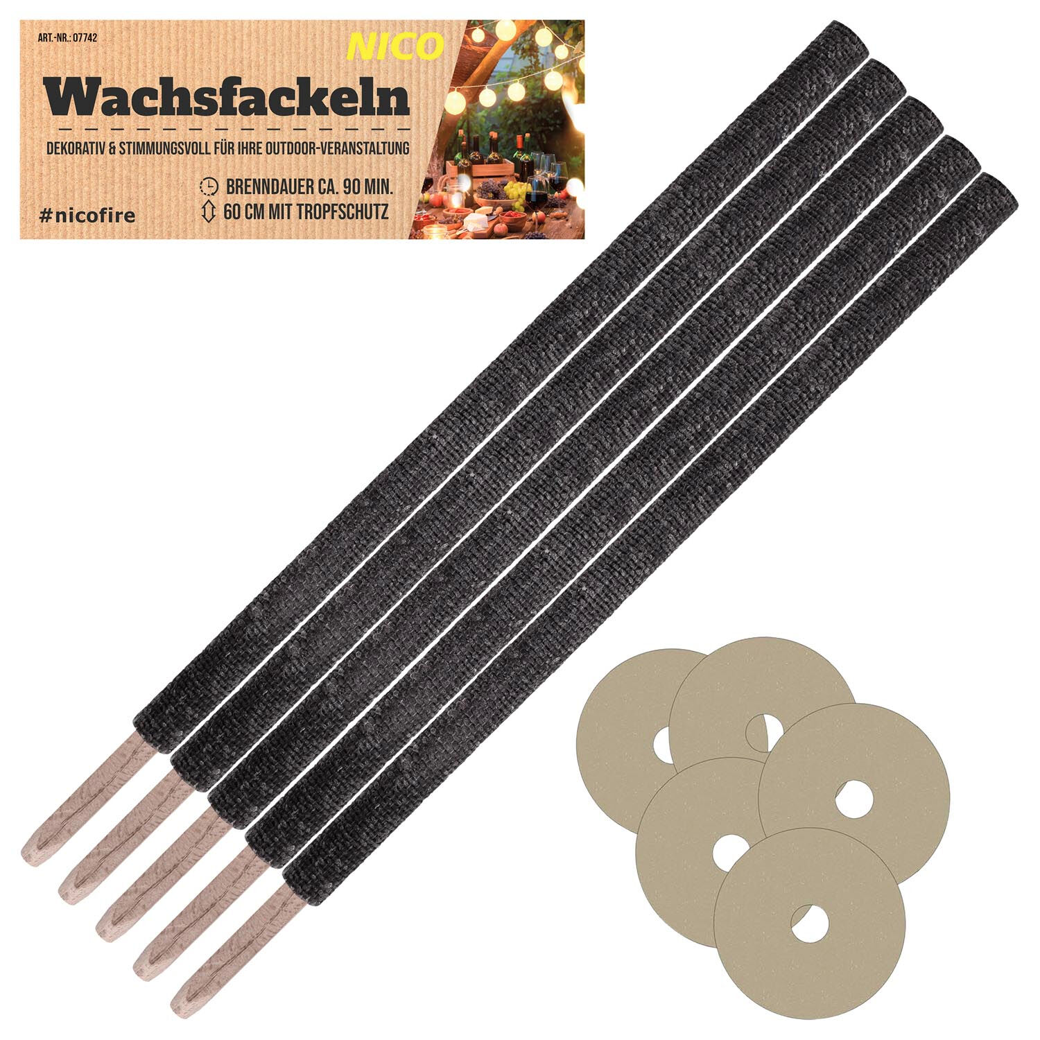 NEU Wachsfackeln mit Tropfschutz, 60 cm, 5 Stck