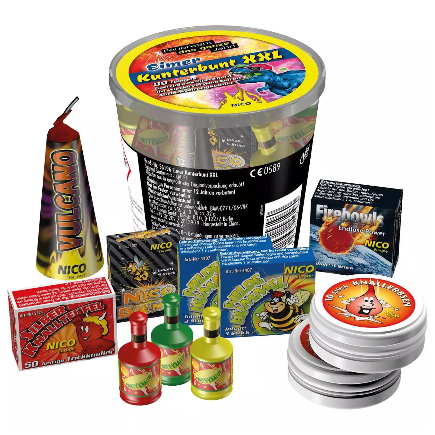 Feuerwerk / Kinder- & Jugendfeuerwerk, Eimer Kunterbunt XXL, 89 Teile