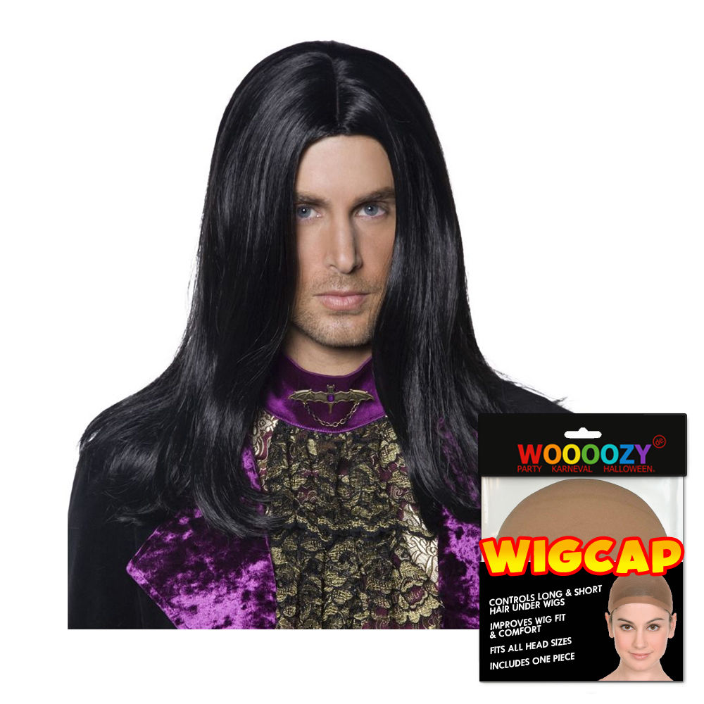 neu perucke herren langhaar mit mittelscheitel gothic graf vampir zauberer schwarz