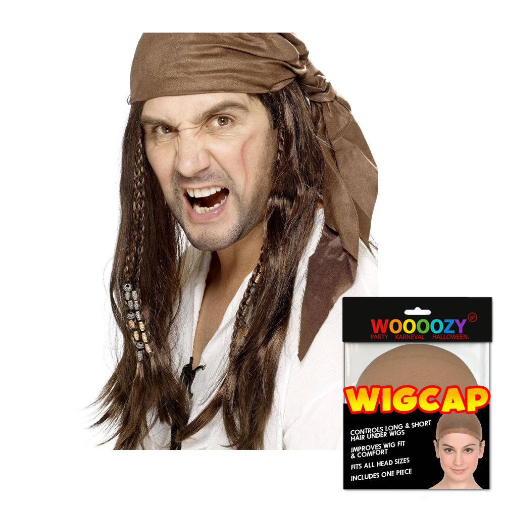 Perücke Herren Langhaar Pirat mit Kopftuch braun Bukanier, braun - mit Haarnetz - mit Haarnetz