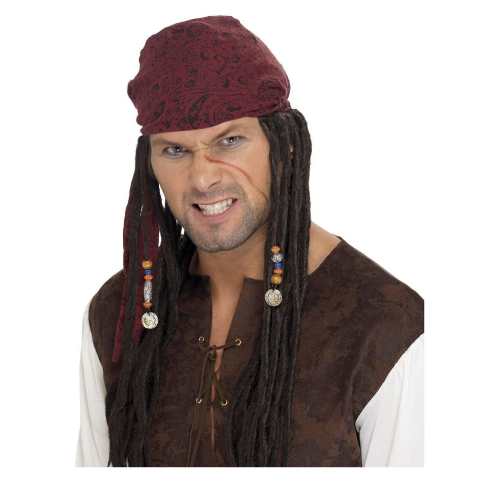 Perücke Herren Pirat mit Stirnband und Zöpfen, braun