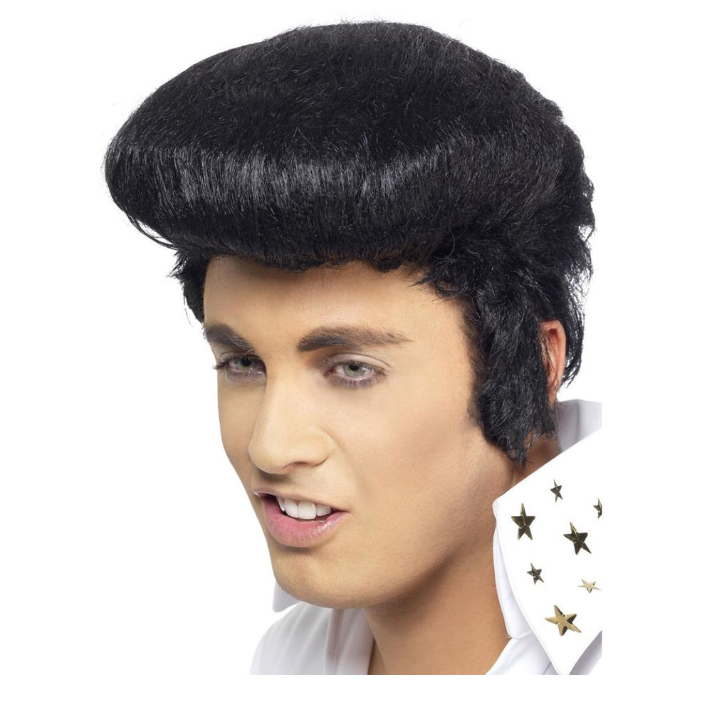 Perücke Herren Elvis Deluxe Rock 'n Roll mit Koteletten, schwarz - mit Haarnetz Bild 2