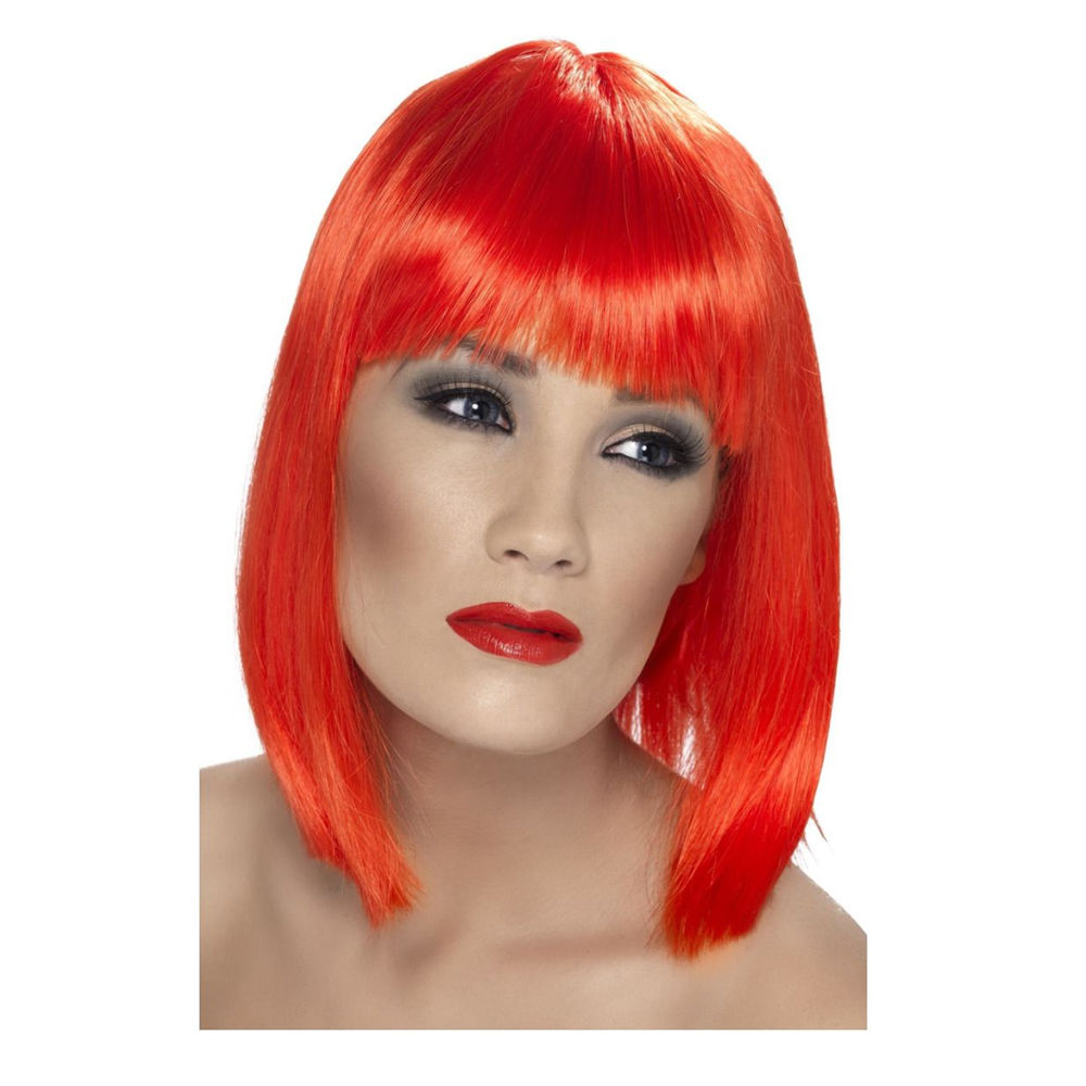 Percke Damen Longbob, Pagenkopf mit Pony, Glam, neonrot