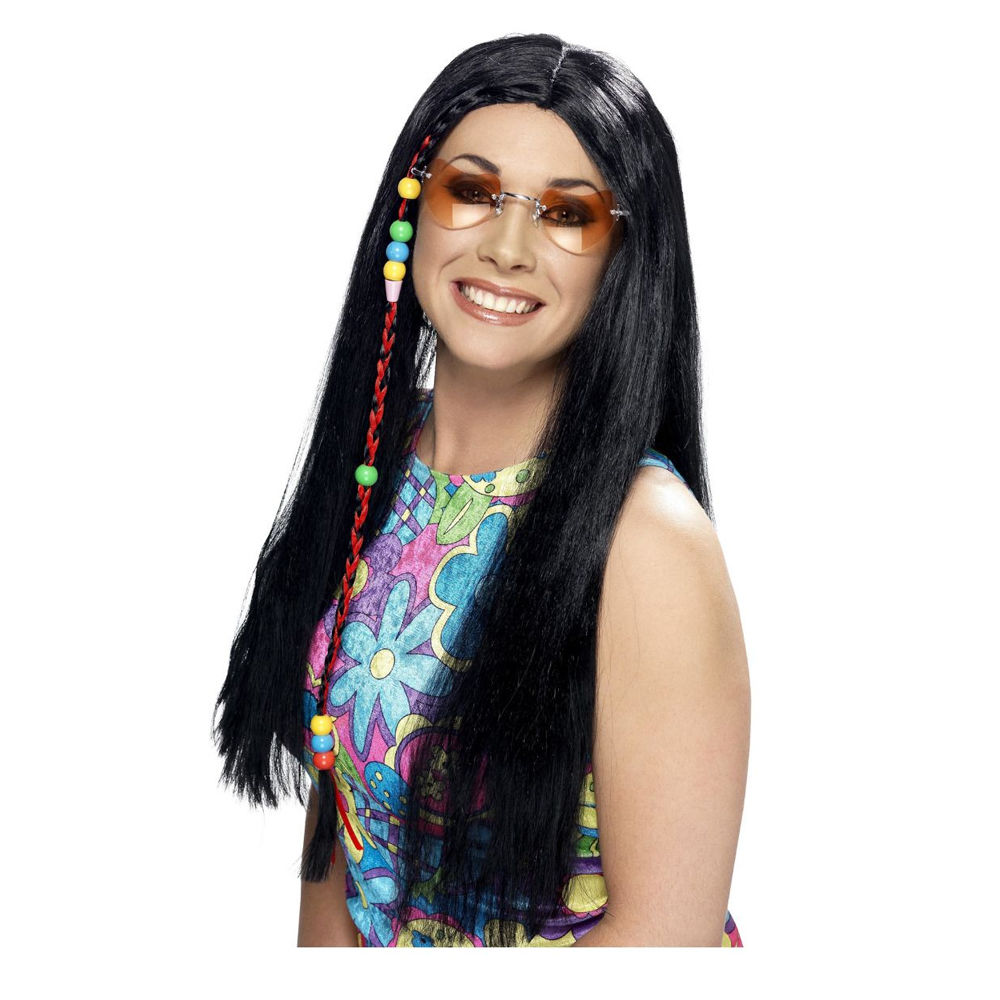 Perücke Damen Mittelscheitel lang mit geflochtener Strähne und Perlen 70er Hippie, schwarz - mit Haarnetz Bild 2