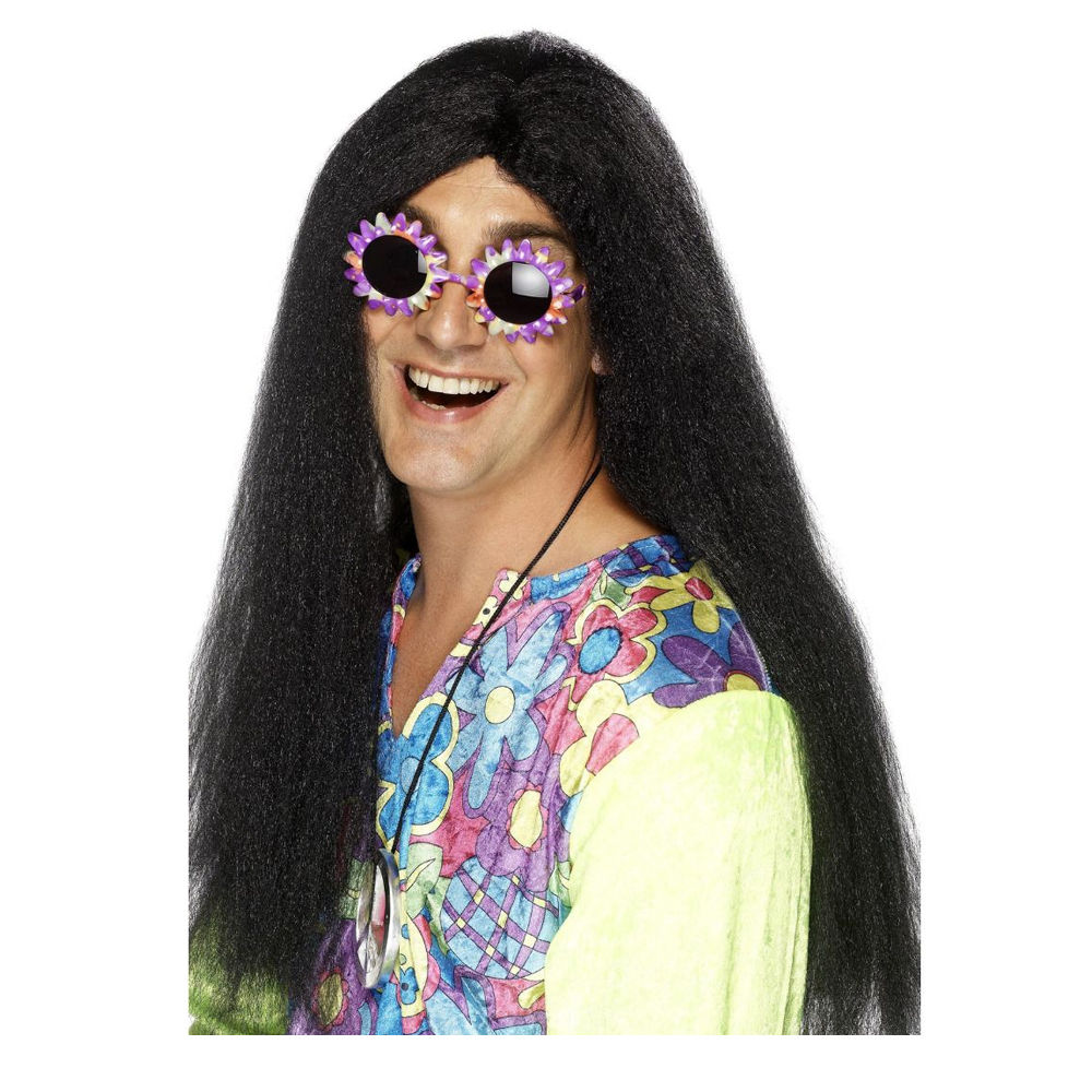 Percke Herren Mittelscheitel lang 70er Hippie, schwarz - mit Haarnetz Bild 2