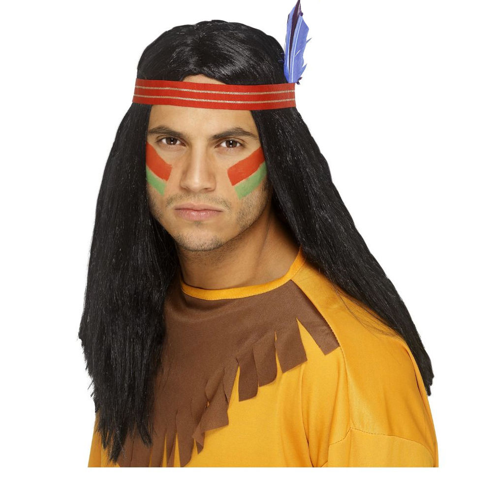 Perücke Herren Langhaar Mittelscheitel Indianer mit rotem Stirnband, schwarz