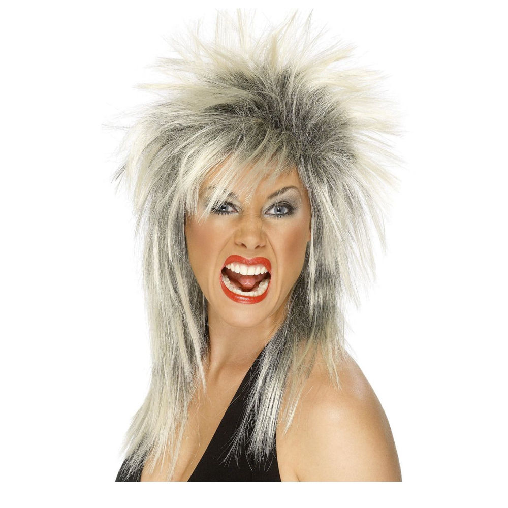 Perücke Damen 80er Punk Rock Diva, schwarz-blond - mit Haarnetz Bild 2