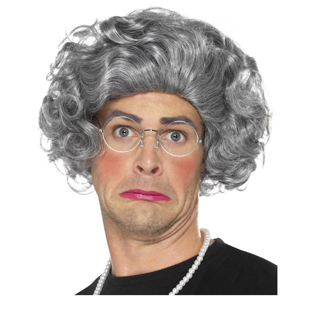 Perlenkette und Brille Kostüm Set Karneval Großmutter Kostümzubehör mit Perücke 